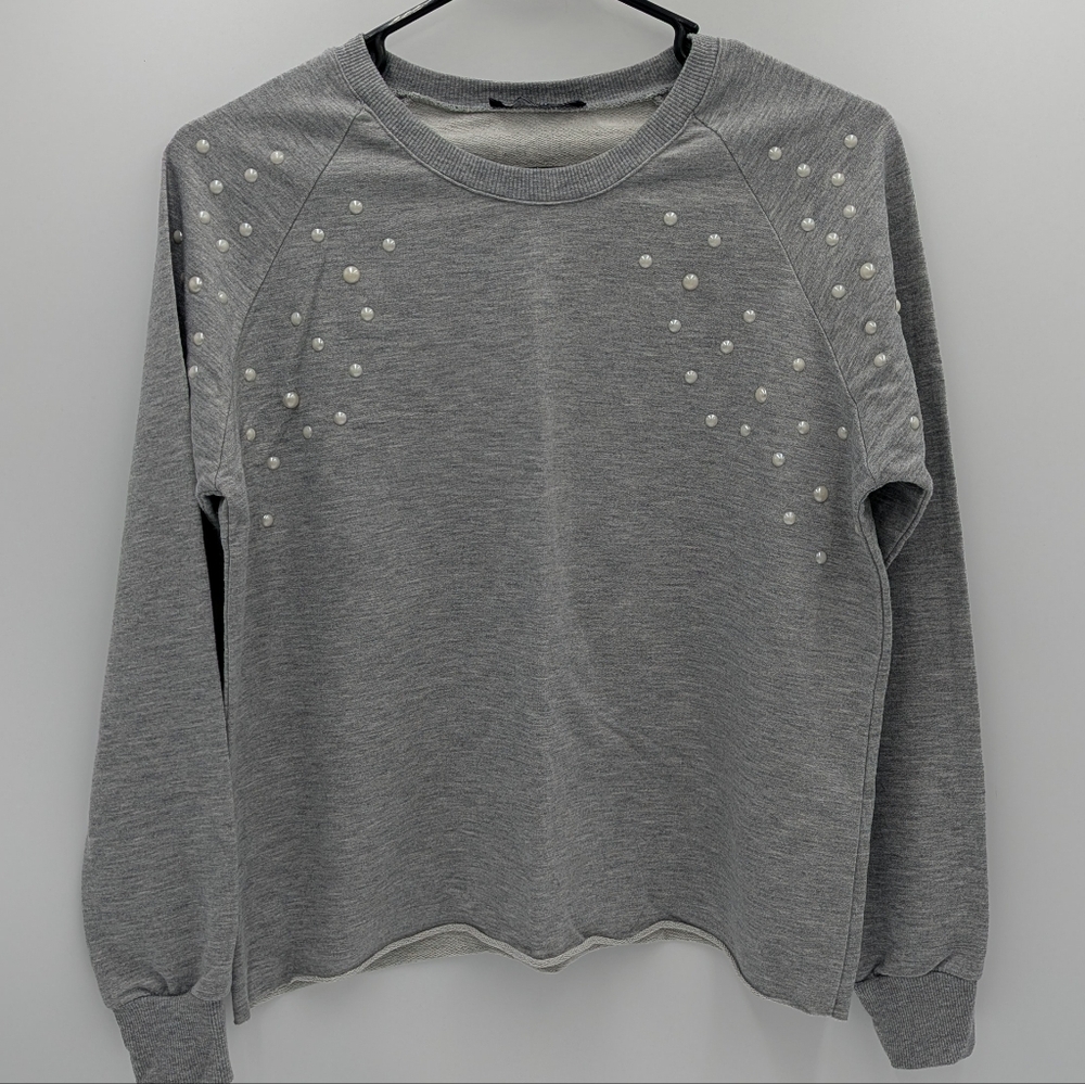 Select Women's Gray Pearl Embellished Sweater Cotton Blend Crew Neck